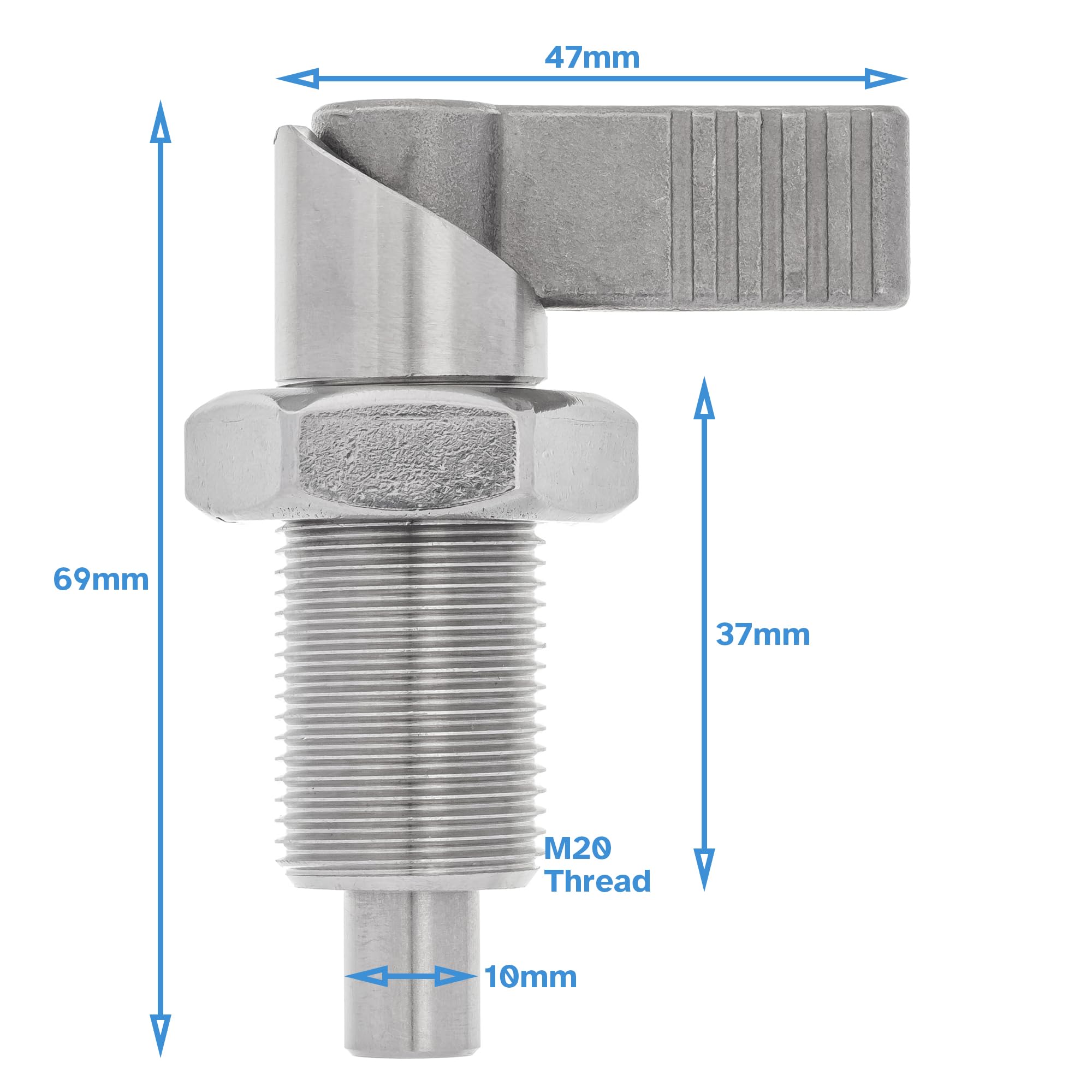 HALLMERS M20 x 1.5 x 37mm Thread 10mm Pin Diameter Lever Indexing Spring Plunger with Stop Notch - Stainless Steel L-Shaped Retractable Locking Bolt Knob Threaded Index Mechanism Accessory Tool