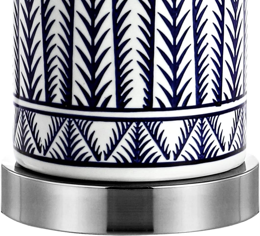 JONATHAN Y 27" Navy Ceramic Contemporary USB Charging LED Table Lamp Set of 2, Geometric Column Lamp with White Linen Drum Shade, Chrome Base, LED Bulbs Included JYL6615A-SET2