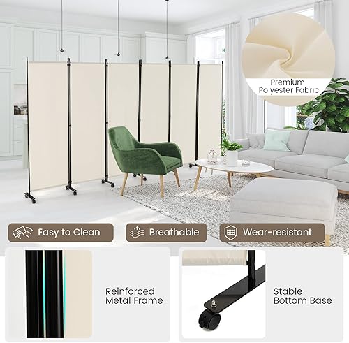 Miniatura 4 de Giantex Divisor de habitación plegable de 6 paneles de 5.7 pies con rodillos, color blanco, pantalla de privacidad plegable grande de 132 pulgadas