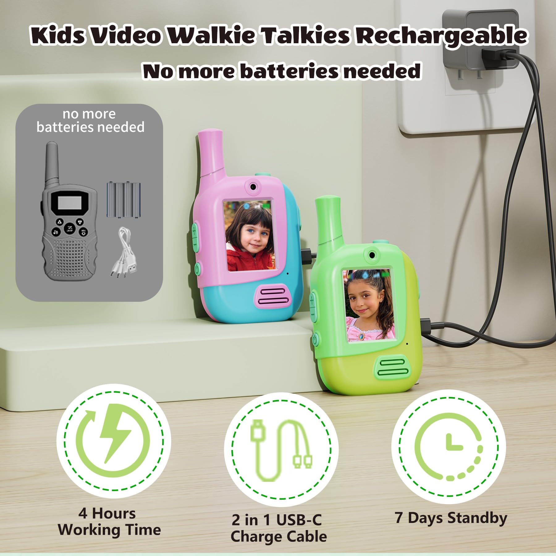 Video Walkie Talkies for Kids 2 Pack,Toys Gifts for 3-12 Year Old Boys Girls,Rechargeable Kids Walkie Talkies with 4 Changer Voice for Outdoor Games Adventure Camping(Pink&Green) - Image 3