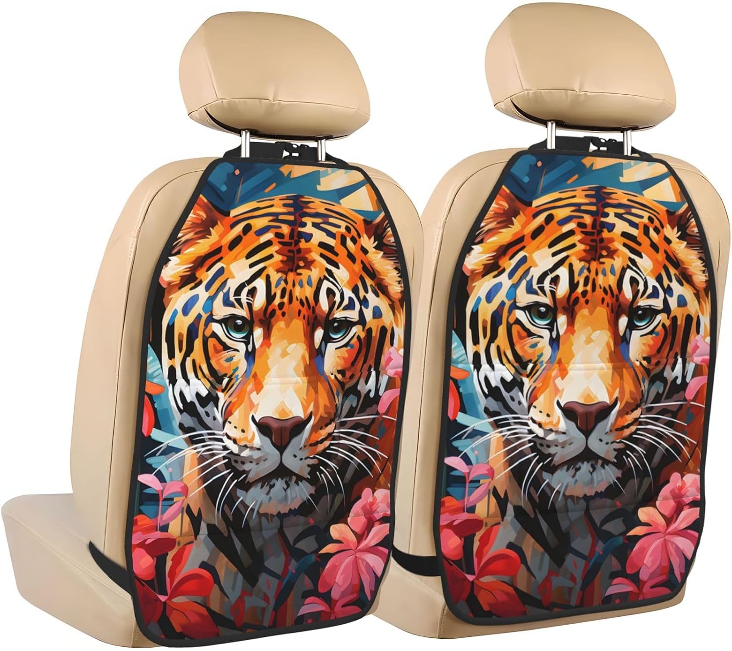 Car Seat Back Kick Protector 2 Pack 18.5x26.4 Inch, Cartoon Tiger Floral Anti-Kick Pad, Waterproof Oxford Fabric Large Rear Seat Cover for Kids Pets Fits SUV Jeep Truck Sedan