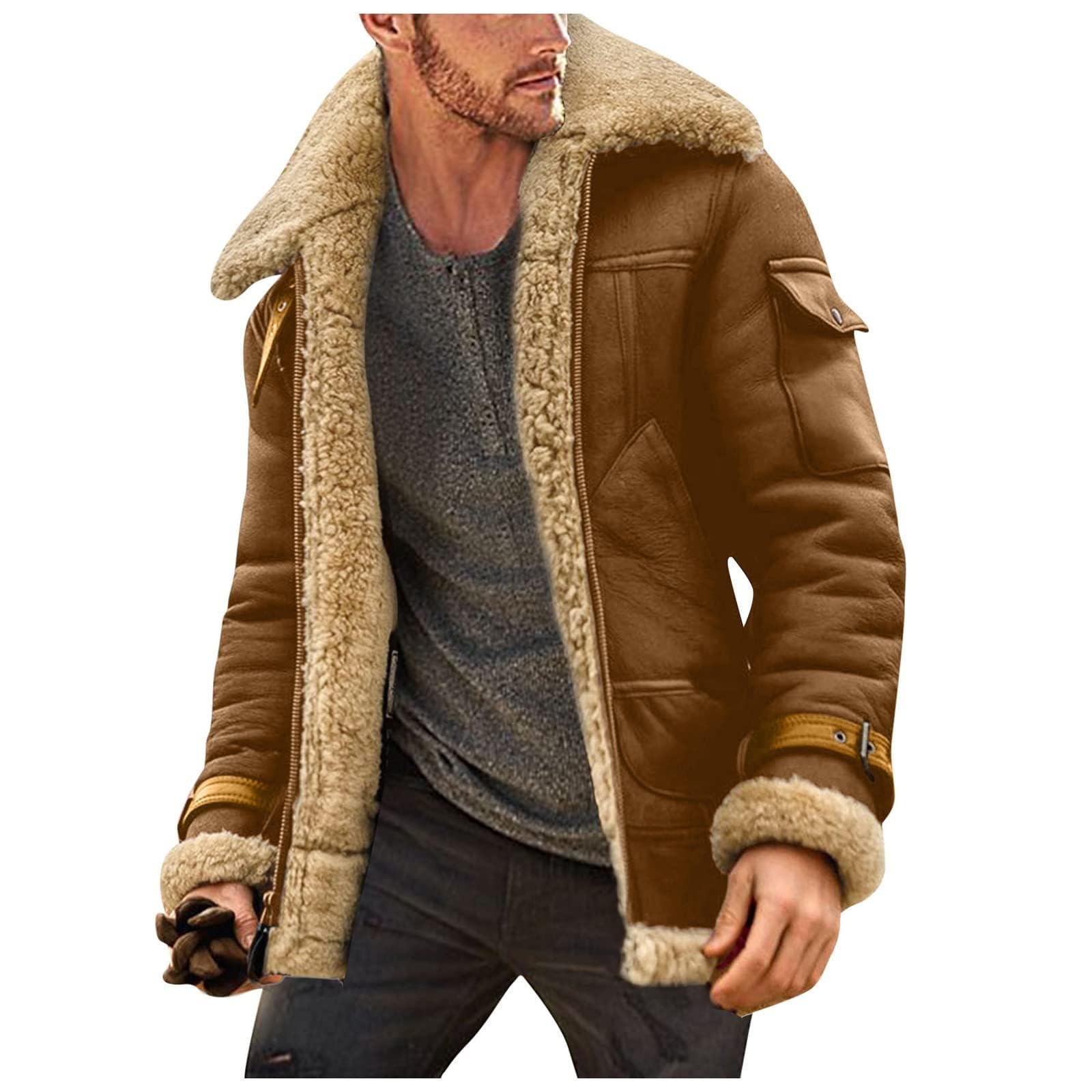 Shearling Coat Men Warm Fleece Lined Coat Aviator Shearling Sheepskin Leather Winter Jacket Lapel Work Cargo Jackets