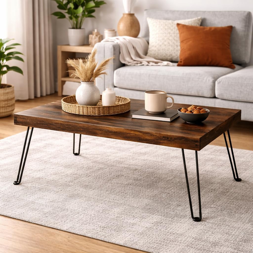 Folding Wooden Coffee Table with Locking Legs,No Assembly Portable Low Coffee Table for Small Spaces Apartment Dorm RV, Picnic Camping, Floor Table/Tea Table (Natural Color)