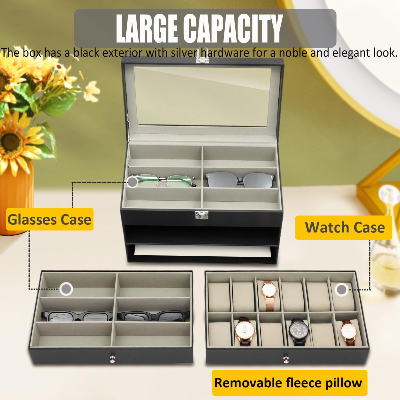 Uhrenbox, Display Uhren- und Sonnenbrillen-Schmuckbox, 12 Uhrenbox-Schmucketui und 12 Slots Sonnenbrillen-Organizer, Brillenetui Uhren- und Sonnenbrillen-Box für Herren Damen
