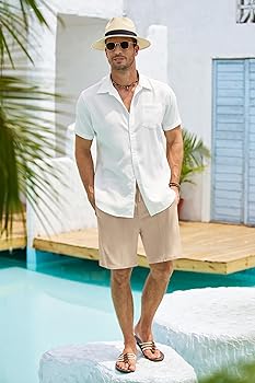 COOFANDY Men's Casual Shorts Linen Elastic Waist Flat Front Shorts