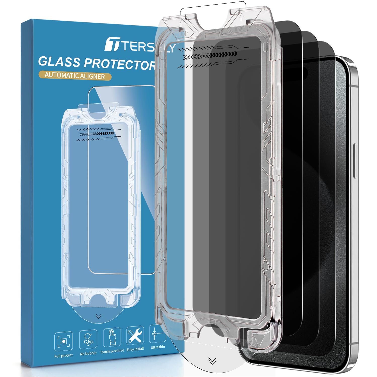 T Tersely [3-Pack] Privacy Screen Protector for iPhone 16 (6.1inch) with Auto Alignment Kit,Edge to Edge Protection Full Cover Private Anti-Spy Case-Friendly Curved