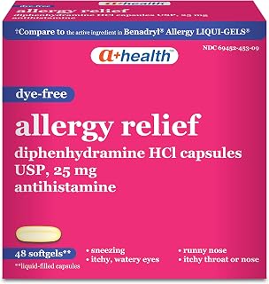 Allergy Relief Dye-Free Diphenhydramine 25mg Softgels, 48 Count, for Relief of Allergy Symptoms Like Runny Nose, Sneezing, Itch of The Nose or Throat, Itchy, Watery Eyes
