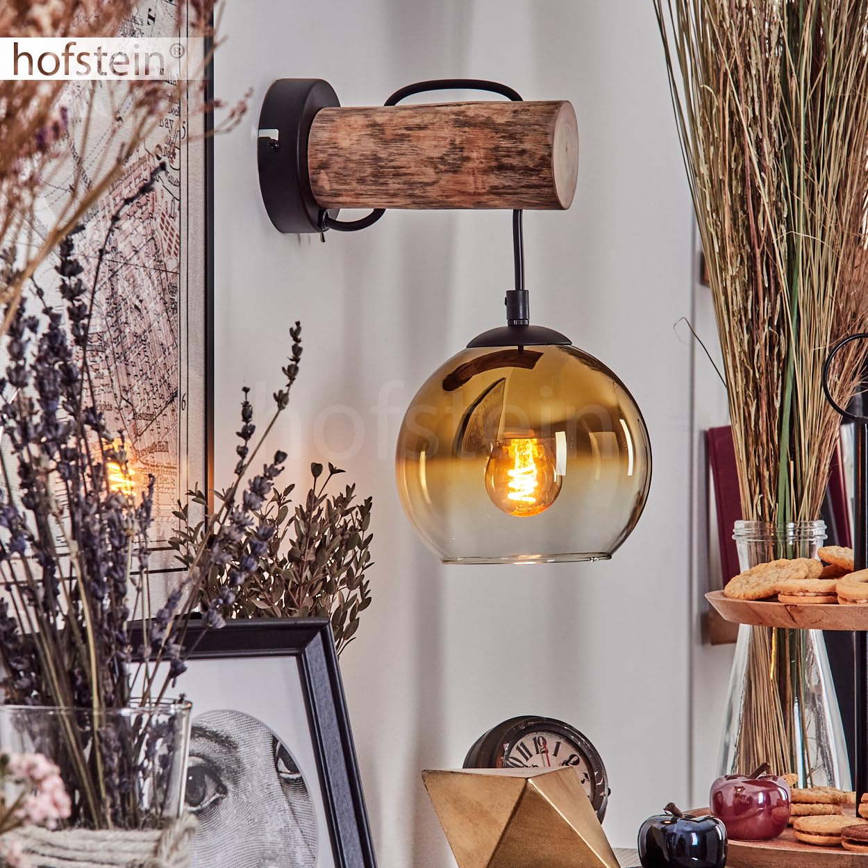 Wandleuchte Koyoto, Wandlampe aus Metall/Holz/Glas in Schwarz/Natur/Gold/Klar, Leuchte im Retro/Vintage-Design mit Schirm aus Glas (Ø 15 cm) u. An/-Auschalter am Gehäuse, 1 x E27, ohne Leuchtmittel