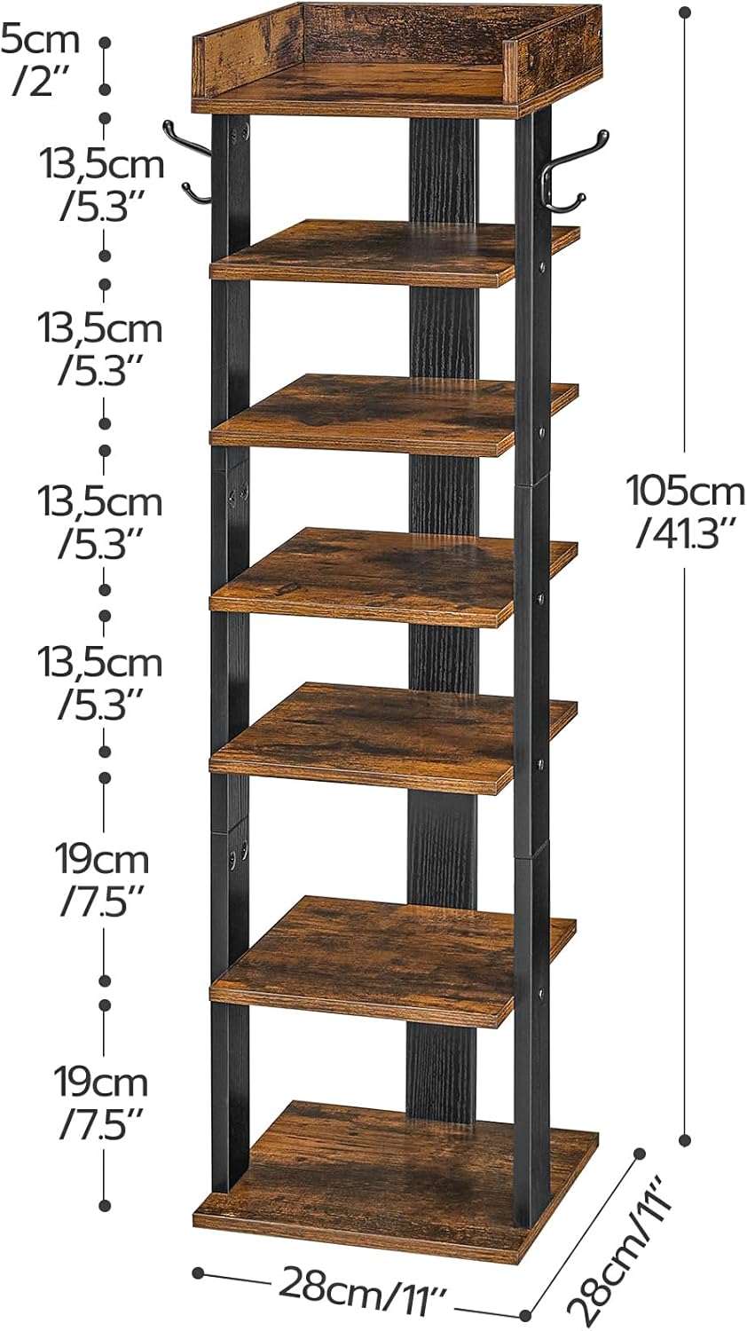 HOOBRO Vertical Shoe Rack for Front Door Entryway, 7 Tier Wooden Shoe Storage Organizer with Hooks, Narrow Shoe Tower for 7 Pairs, Space Saving, for Corner, Closet, Bedroom, Rustic Brown BF61XJ01