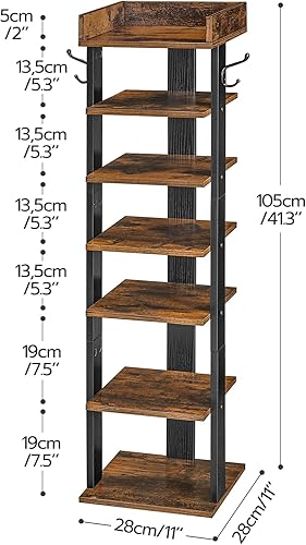 Miniatura 7 de HOOBRO Zapatero vertical, organizador de zapatos de 7 niveles con ganchos, zapatero estrecho para 7 pares, ahorro de espacio, estable y fuerte, para