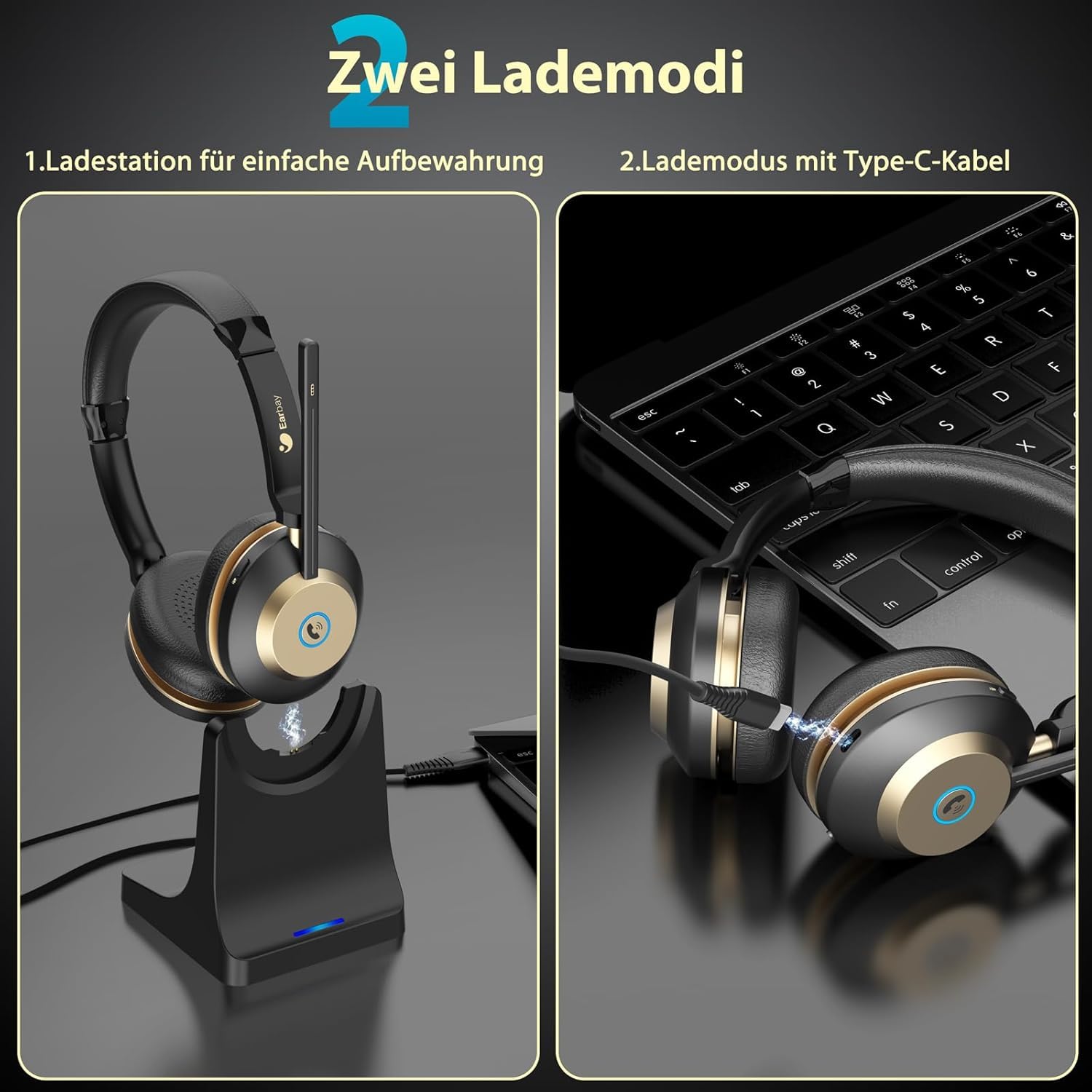 Earbay Headset mit Mikrofon Bluetooth, Headset kabellos KI-Geräuschunterdrückung & USB-Dongle, Bluetooth Headset mit Mikrofon Stummschaltung & Ladestation für PC/Meeting/Call Center/Home/Office