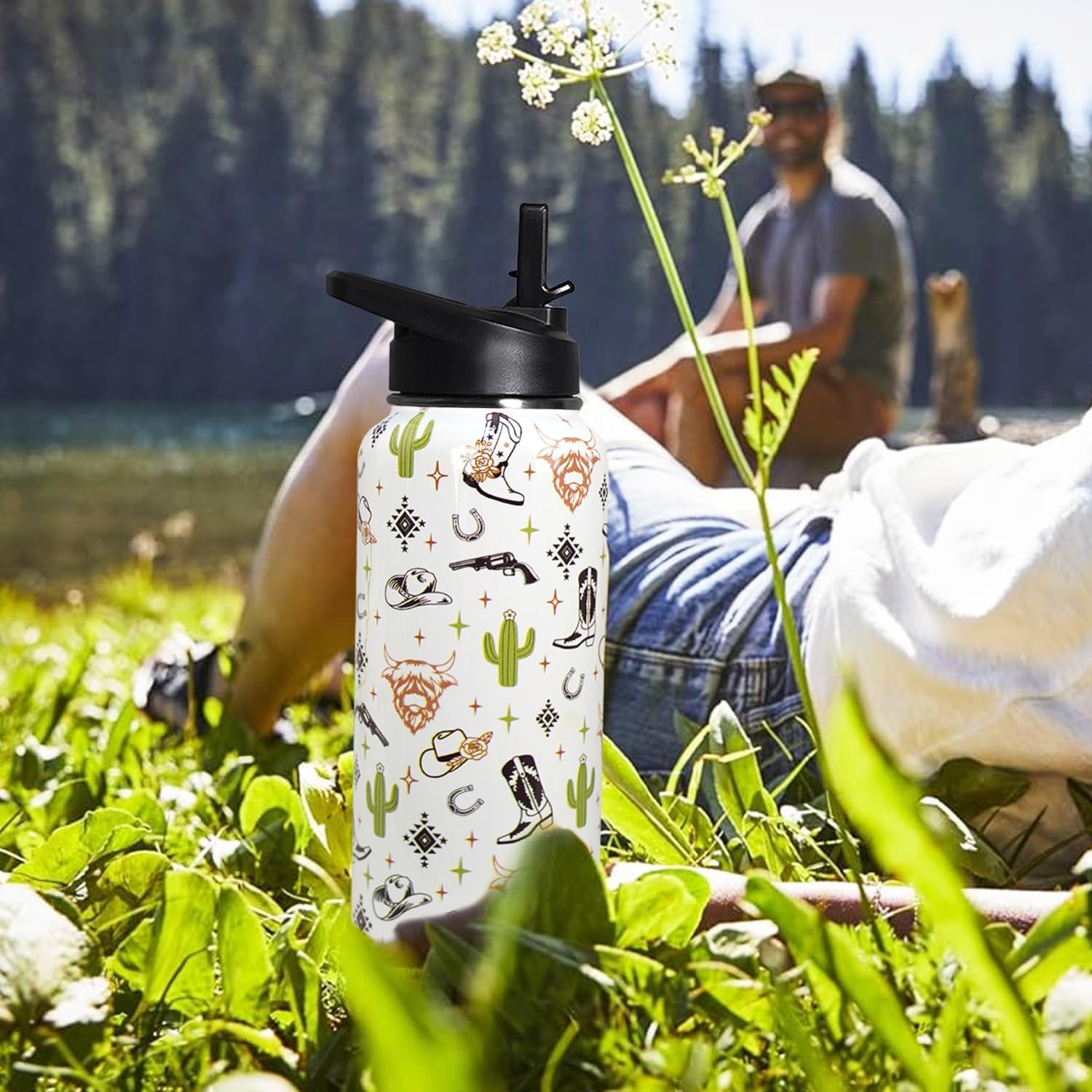 32oz Western Stainless Insulated Aater Water Bottle with Straw,Western Cow Skull Gym Hiking Sports Coffee Mug Cup Water Bottles,Western Cow Skull Cowboy Copper Cowgirl Decor Stuff Accessories - Image 5