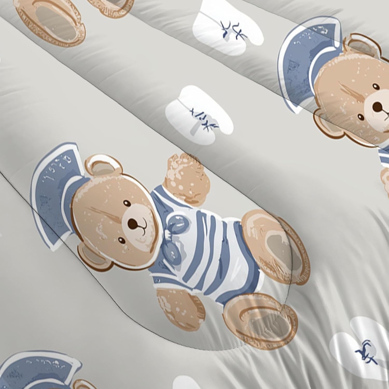 3D Cute Teddy Bear Comforter Set Queen Size Bedding Set Kindergarten Art All Season Down Comforter Printed Quilted with 2 Pillow Shams for Kids, Teens, Adults 90 x 90in Beige Gray