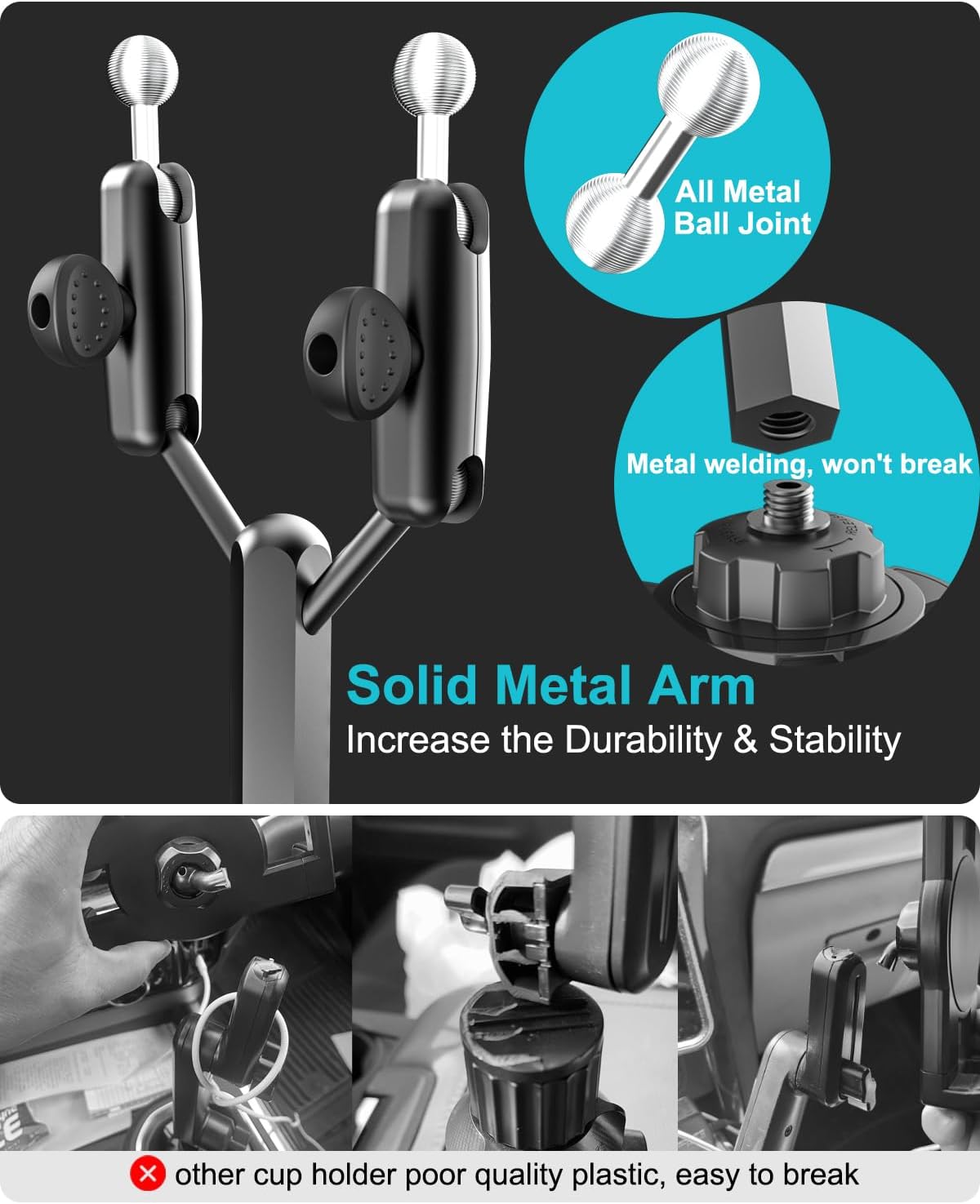 Car Cup Holder Tablet Mount, Heavy Duty Dual Tablet Holder for Truck, [Double Aluminum Arm] Adjustable Cupholder Compatible with iPad Pro 12.9 Mini Air, Galaxy Tab, Z fold, iPhone,4-13" Device