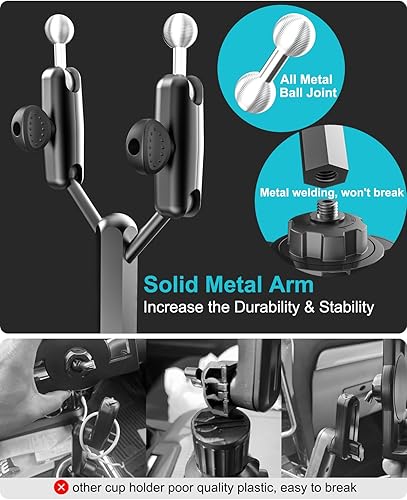 Miniatura 6 de Soporte para tablet de automóvil, soporte doble resistente para tableta para camión, brazo de aluminio doble Portavasos ajustable compatible con