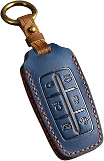 Genuine Leather 6-Button Intelligent Key Fob Cover Case for Genesis G70 G80 GV70 GV80 2021 2022 2023 2024 Remote Key Holder Protector (Blue)