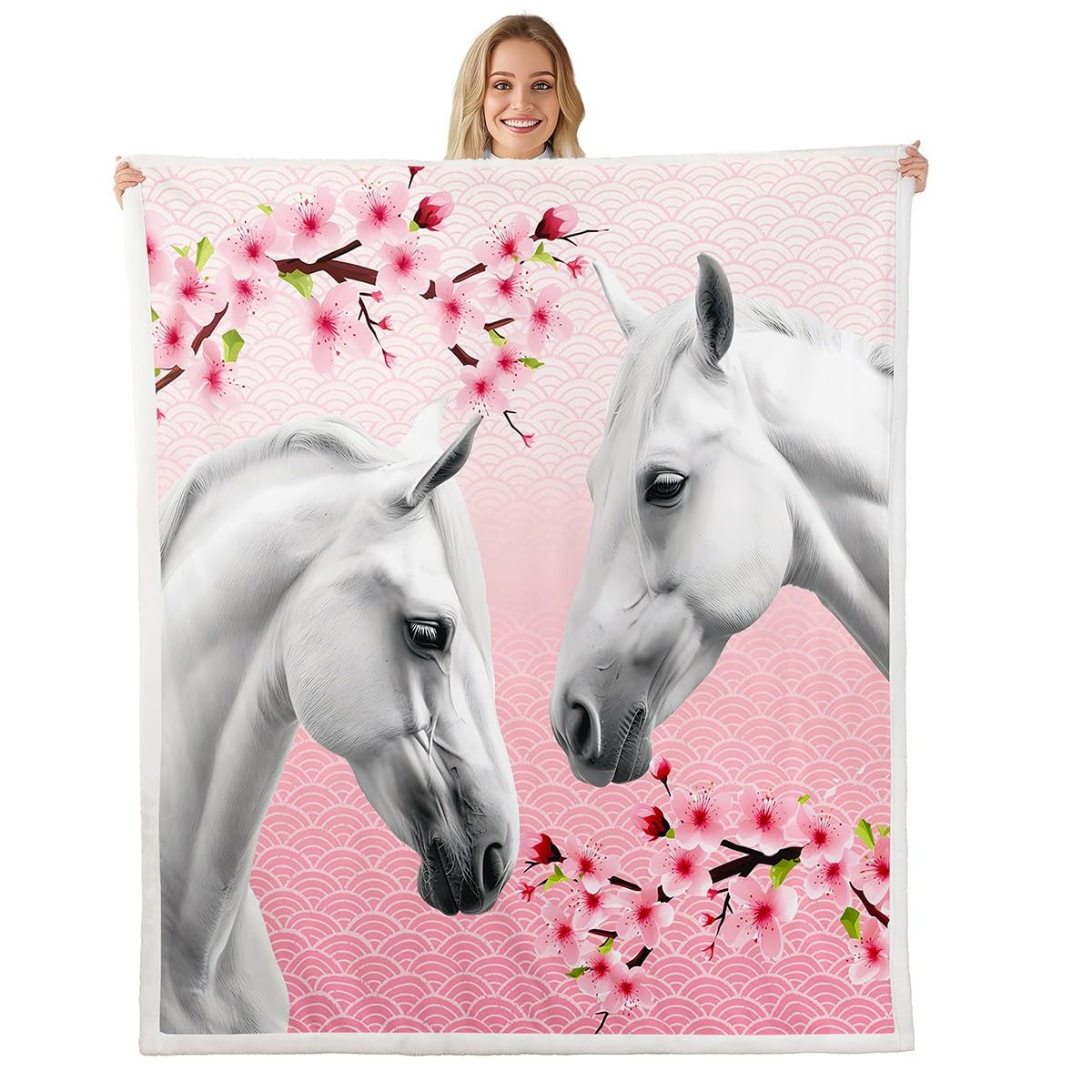 Horse Fleece Throw Blanket for Girls Boys Teens 3D Animal Theme Sherpa Blanket Kids Cherry Blossoms Plush Blanket Cute Pink Floral Room Decor Horse