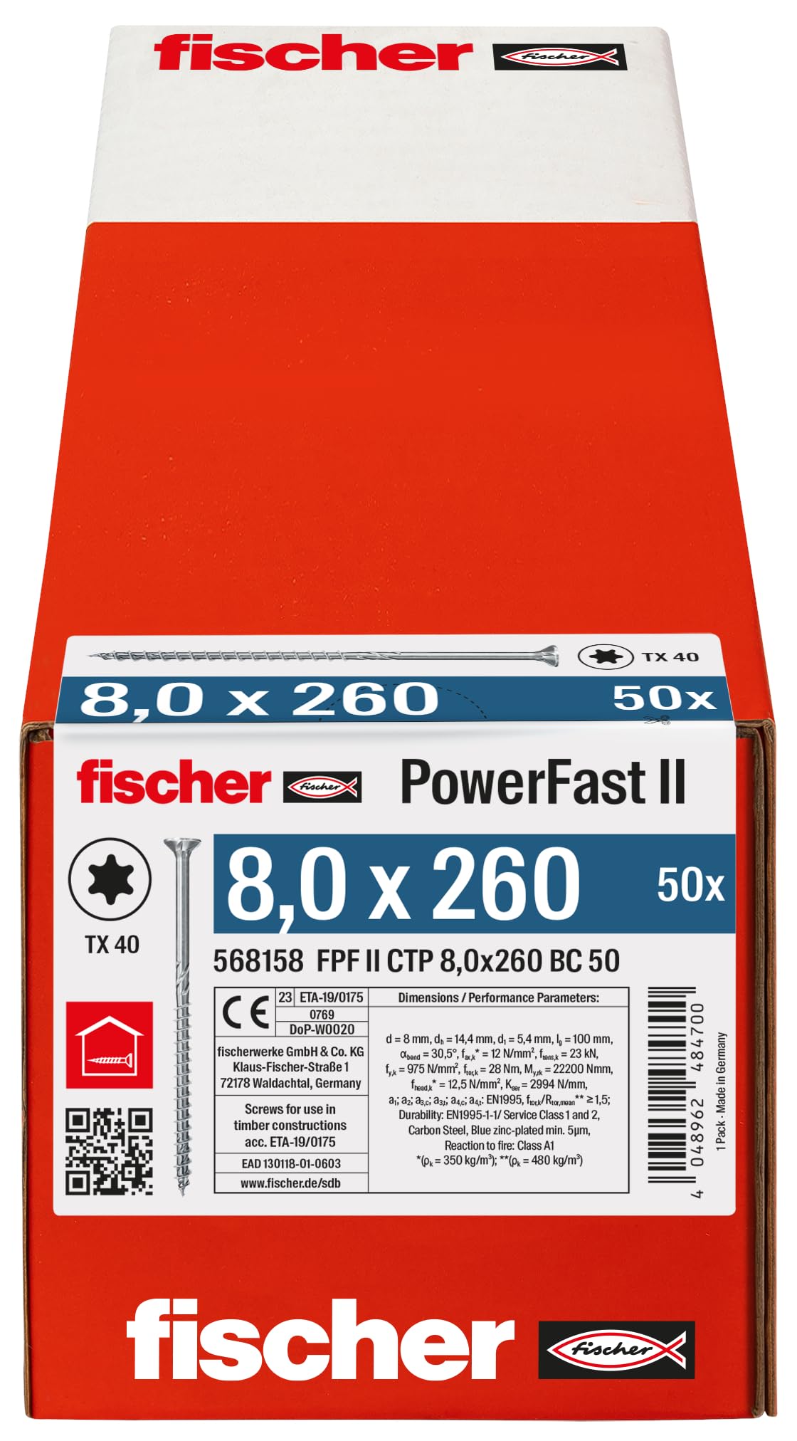 fischer 568158 CTP 8,0 x 260 50 unidades PowerFast II - Tornillo para madera, color plateado