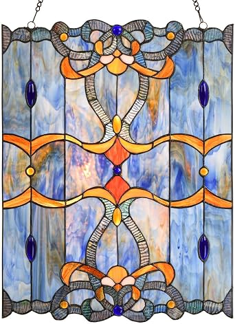 Bieye W10042 Baroque Tiffany Style Stained Glass Window Panel with Chain, Blue, 17" W x 22" H