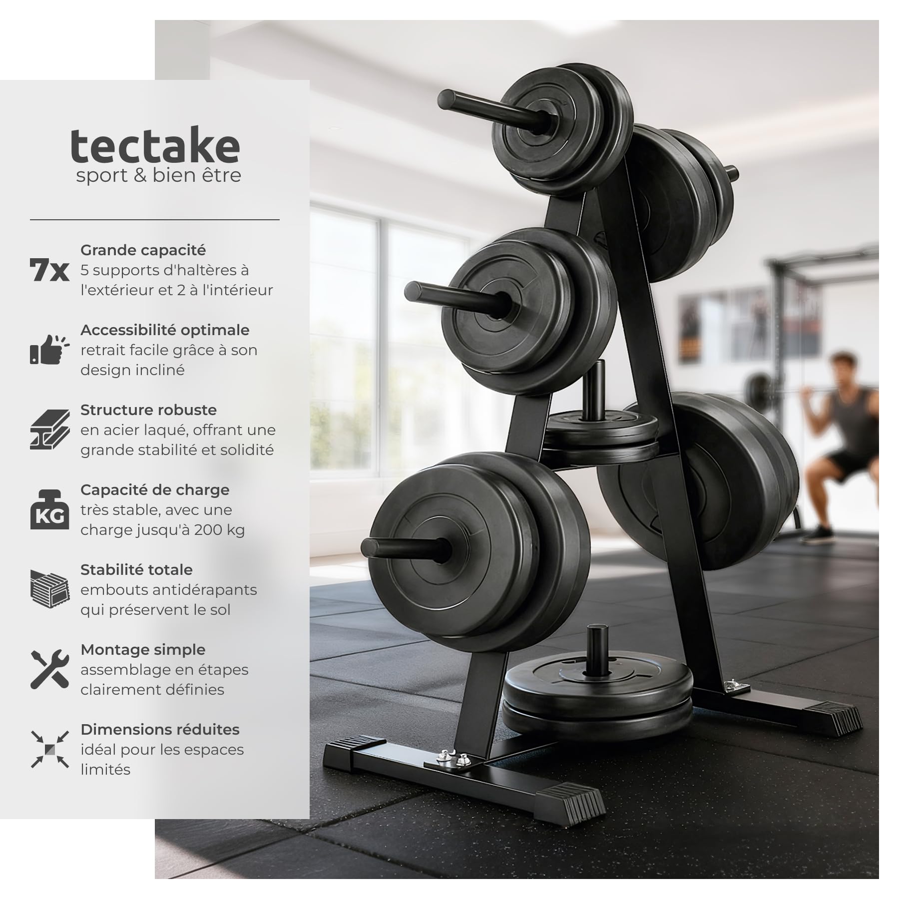 tectake® Rangement poids musculation, 67 x 38,5 x 91 cm, 7 Branches pour disque musculation, Grande capacité et bonne stabilité, Rack en acier, Embouts protection sol, Home gym, Salle de sport