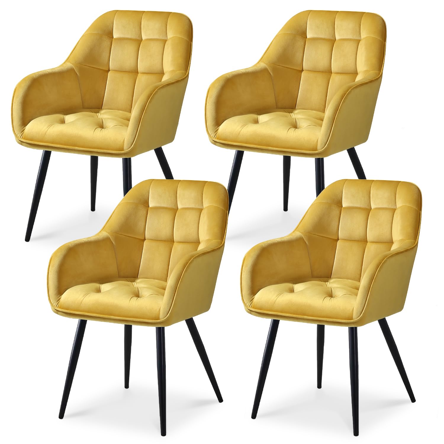 ELUCHANG Kitchen Dining Chair Set of 4 with Arms, Backrest, Velvet Thick Padded Upholstered, Vanity Chair, for Dining Room, Living Room, Dressing Table, Lounge, Yellow