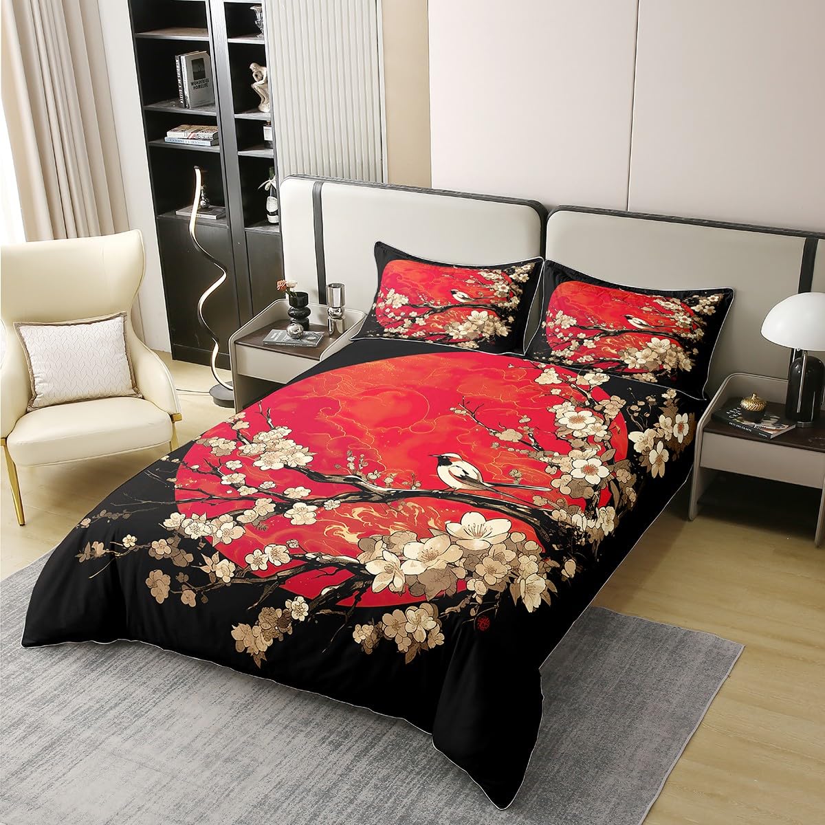 Japanisches Ukiyoe Thema, 100 % Baumwolle, Bettwäsche für Kinder, Erwachsene, Mädchen, Frauen, japanischer Stil, Bettbezug 240 x 260 cm, Kirschblüten, Bettwäsche-Set
