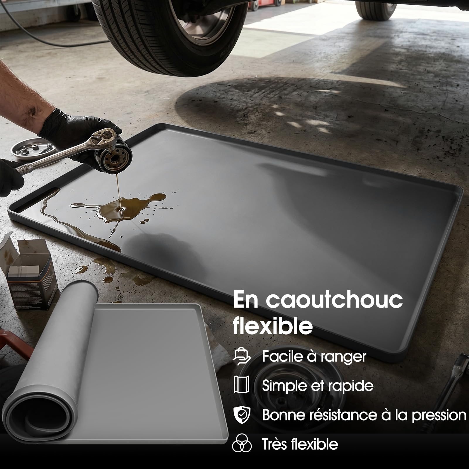 Bac de Récupération D'huile en Silicone 86 X 56 Cm, Pliable, Flexible, Résistant aux Fissures, Anti-Fuite, Multi-usages, Garage, Atelier, Voyage, Voiture, Réparation, Tapis de (Gris Plat)