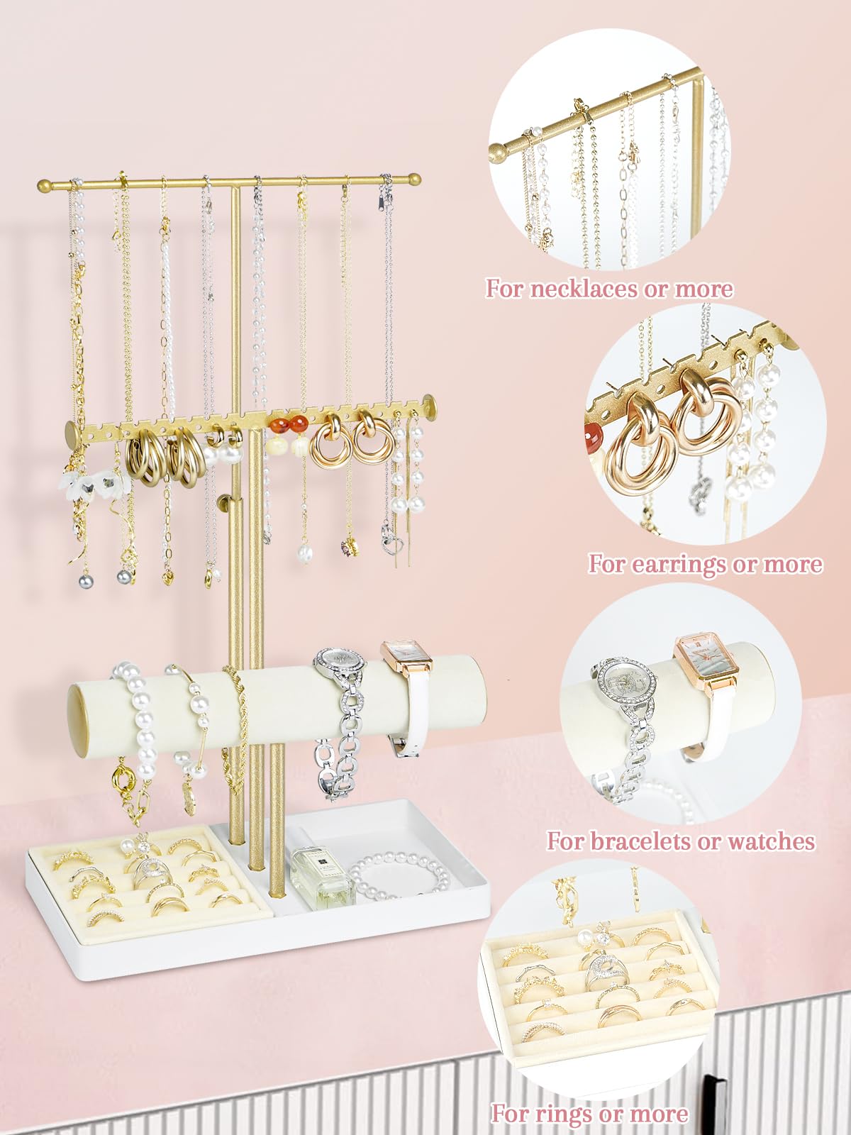 Jenseits Jewelry Organizer Stand Necklace Holder Organizer, 3-Tier Earrings Organizer w/Bracelet Storage Display & Velvet Ring Tray, Cute Metal Aesthetic Jewelry Tower Rack for Women Girls - Gold