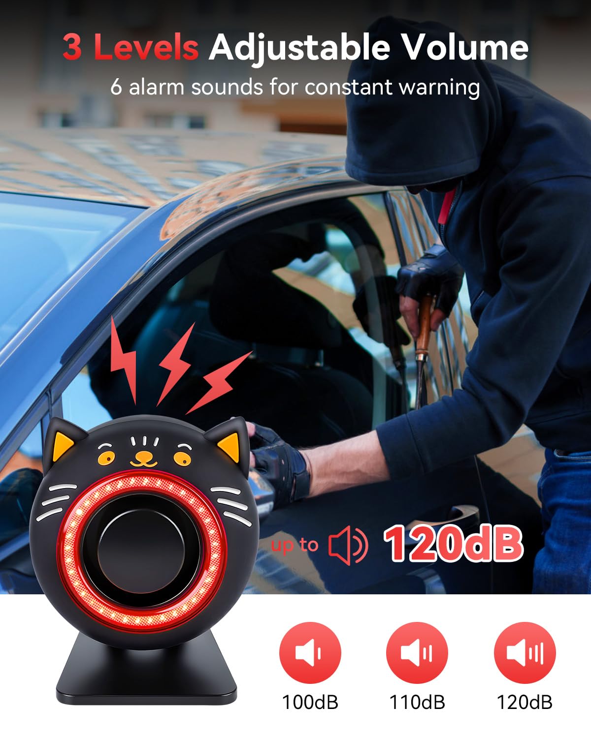 Electop Sistema di allarme auto 120dB con sensore di vibrazione & suono | Sistema di sicurezza antifurto per auto, allarme con telecomando wireless e luce a LED, per auto, camper, SUV, camion