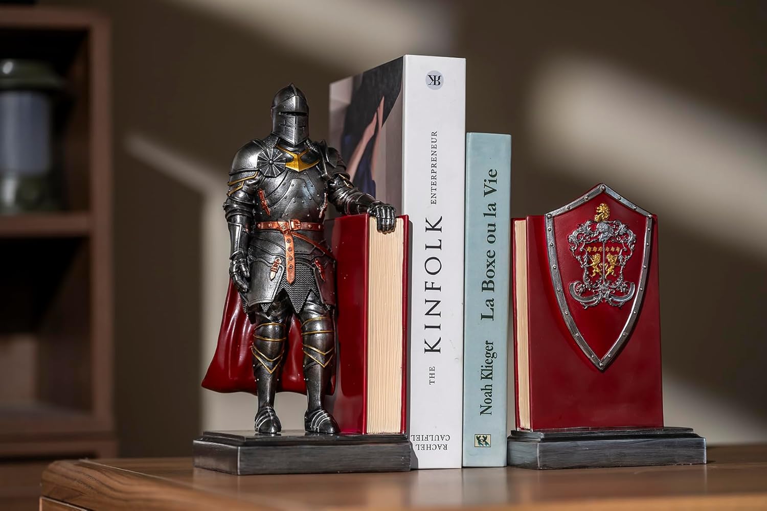 Medieval Armored Warrior Bookends for Shelves, Samurai Bookends for Heavy Books, Book Kends Ornament Decorations for Office Home (Iron&Red)