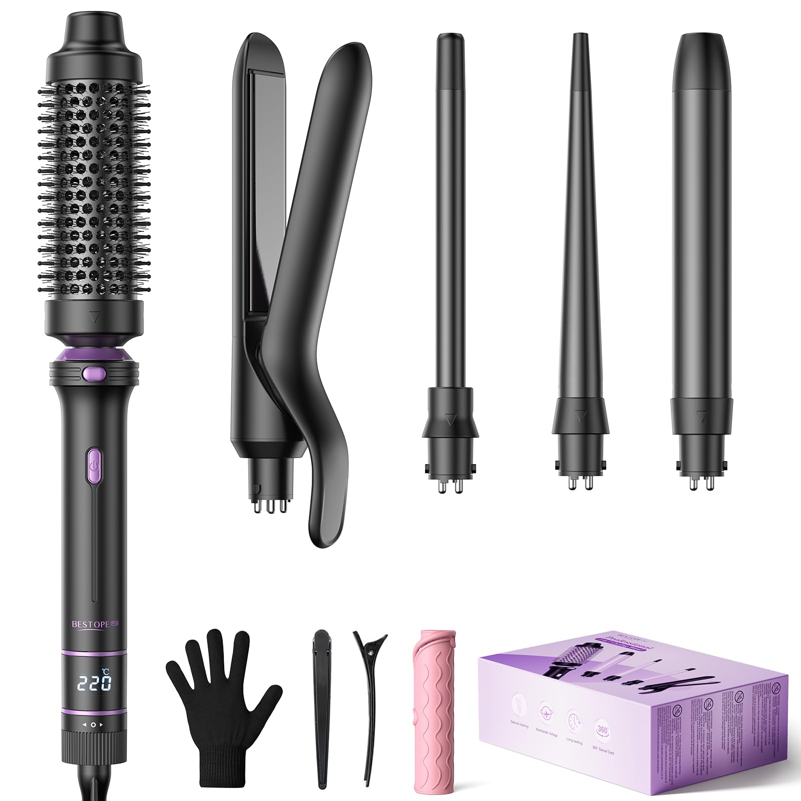 BESTOPE PRO 5 in 1 Curling Wand Set, Ceramic Interchangeable Barrels with Thermal Brush & Straightener, 13 Temp LED Display, Heat Resistant Accessory Kit