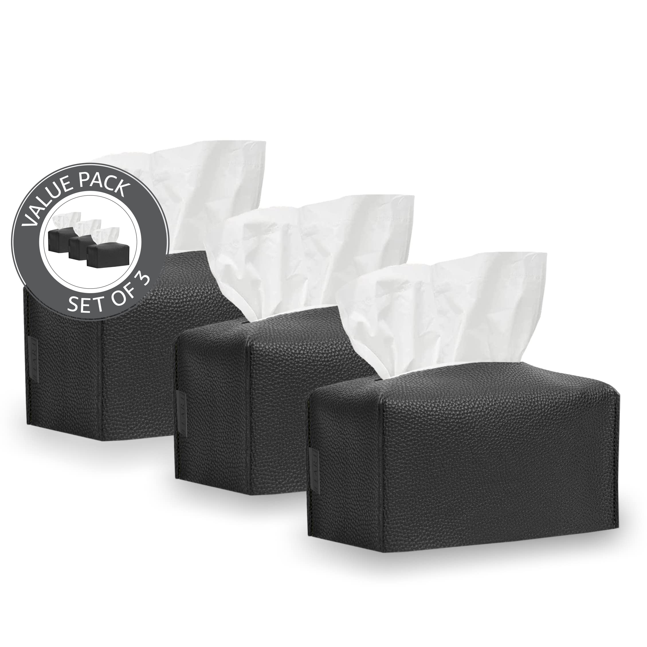 LEART Leather Tissue Box Cover PACK OF 3 – Elegant Tissue Box Holder for Home Office Car Hotel Decor | Living Room Bedroom Bathroom | Facial Tissue Holder, Car Tissue Box Holder (Black - Pack of 3)