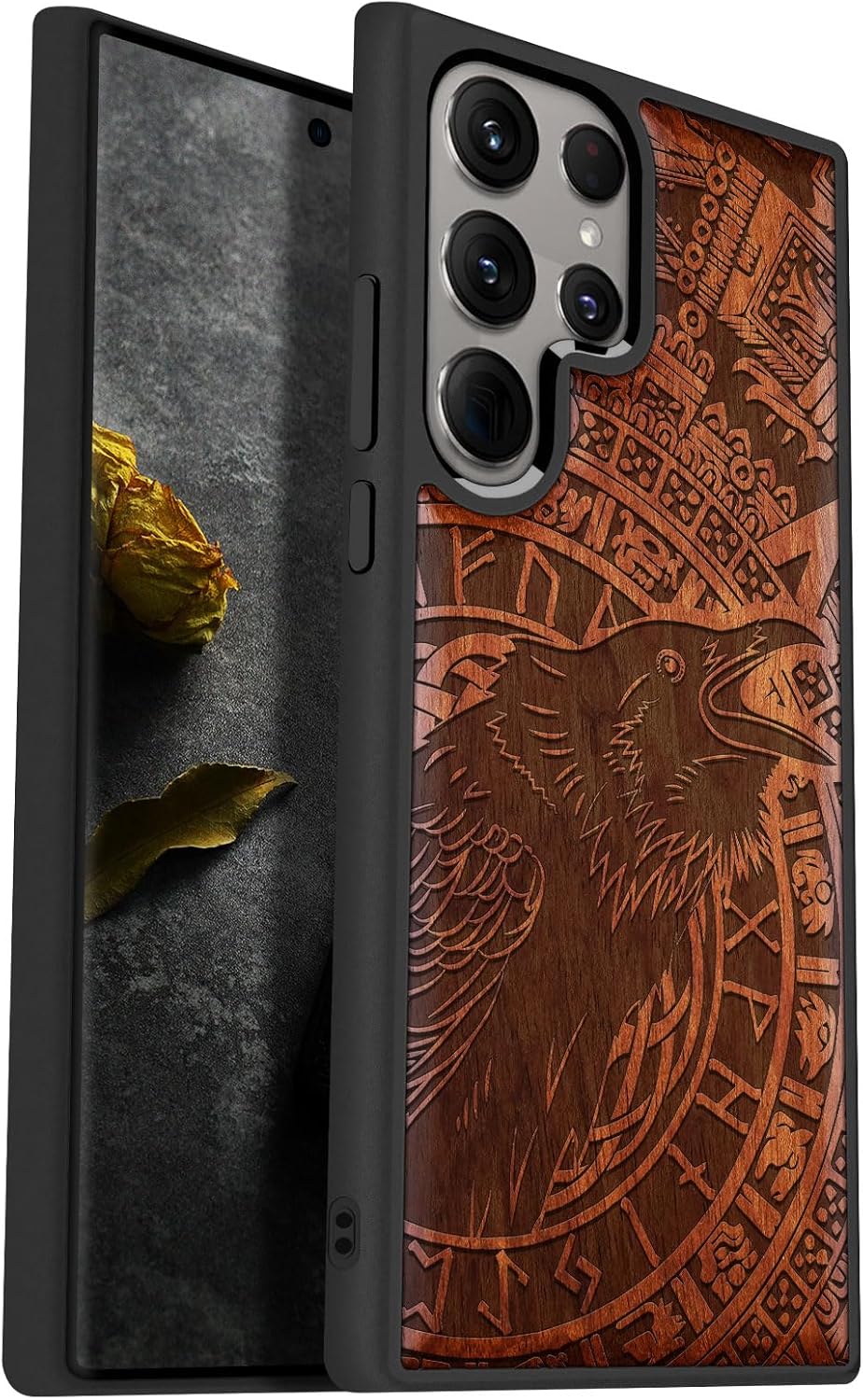 Carveit Wood Case for Galaxy S24 Ultra Case [Natural Wood & Black Soft TPU] Shockproof Protective Cover Unique Wooden Design Compatible with Samsung S24 Ultra (Mjolnir & Wolves-Rosy)