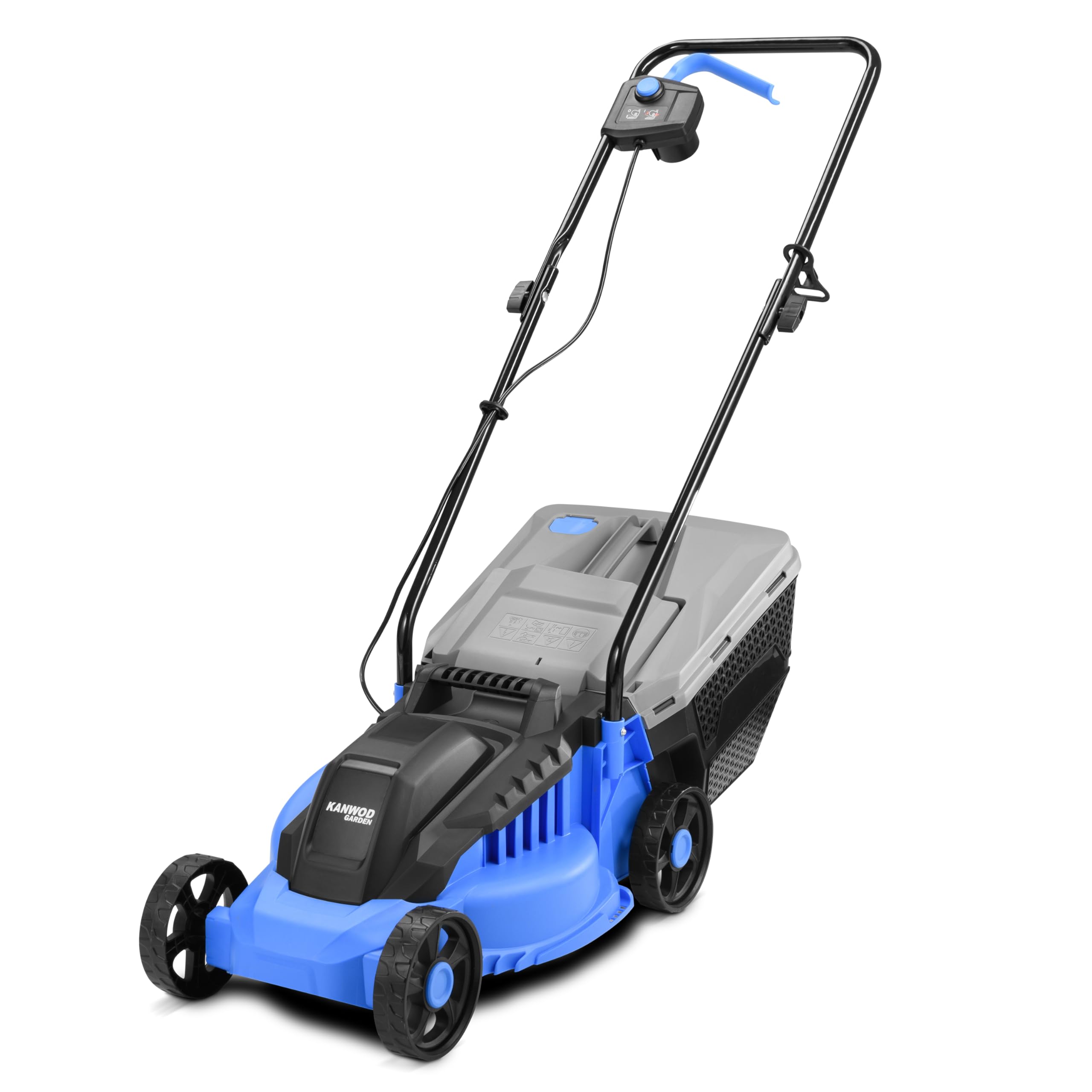 KANWOD Elektro Rasenmäher, 1200 W, 32 cm Schnittbreite, 30 Liter Grasfangkorb, 3-stufige Schnitthöhenverstellung 30-70 mm, 3400 U/min, empfohlen für Rasenflächen bis 500 m², Grau/Blau