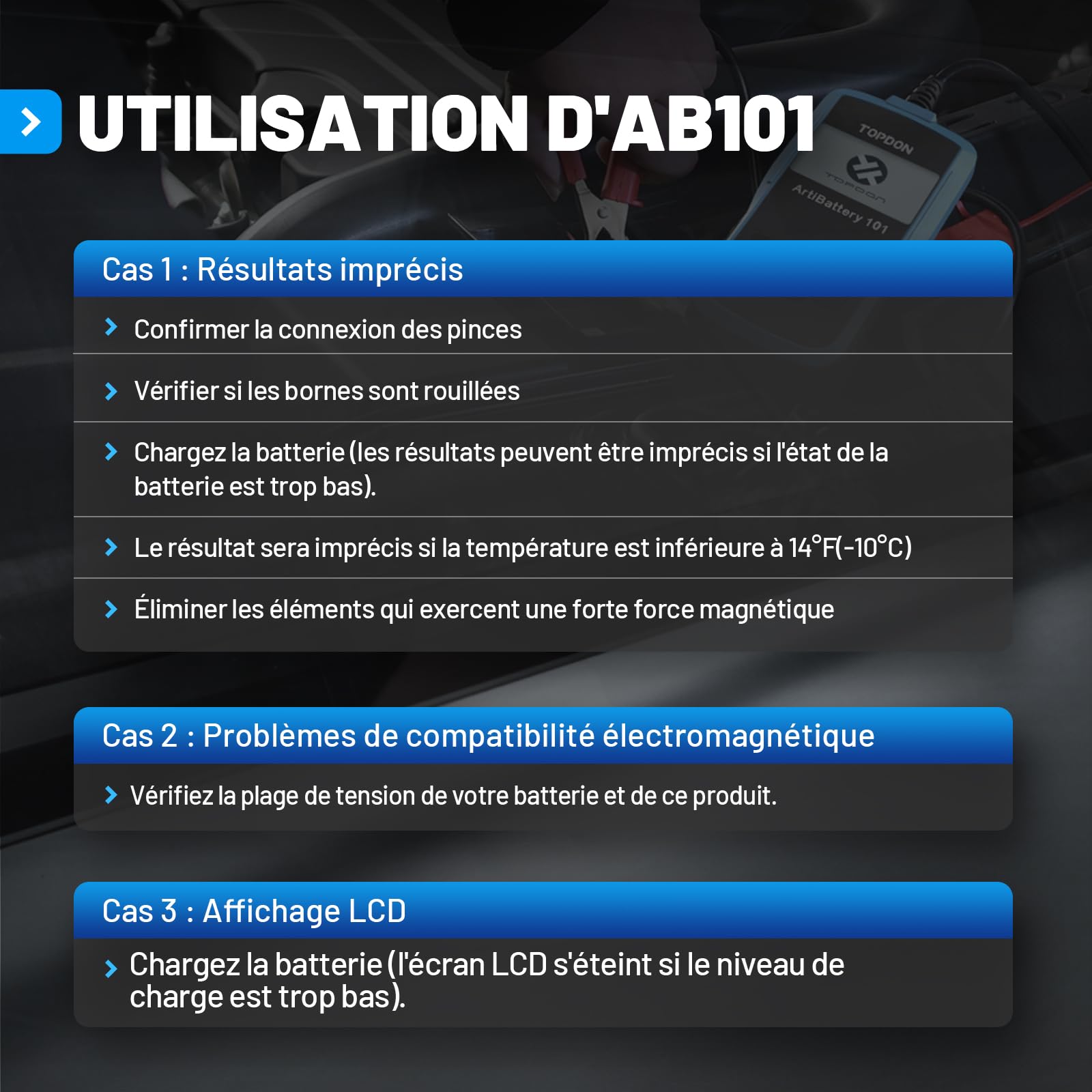 TOPDON Testeur de Batterie AB101 100-2000 CCA Testeur Batterie Voiture 12v