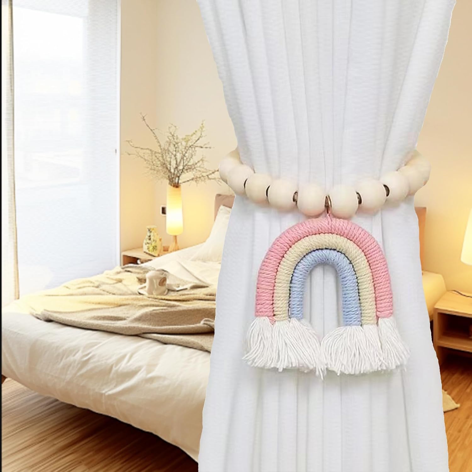 2pcs Handmade Magnetic Wooden Bead Curtain Tiebacks, Boho Curtain Tiebacks, Accessories Wall Decoration, Drapery Tiebacks for Bedroom Window Treatment
