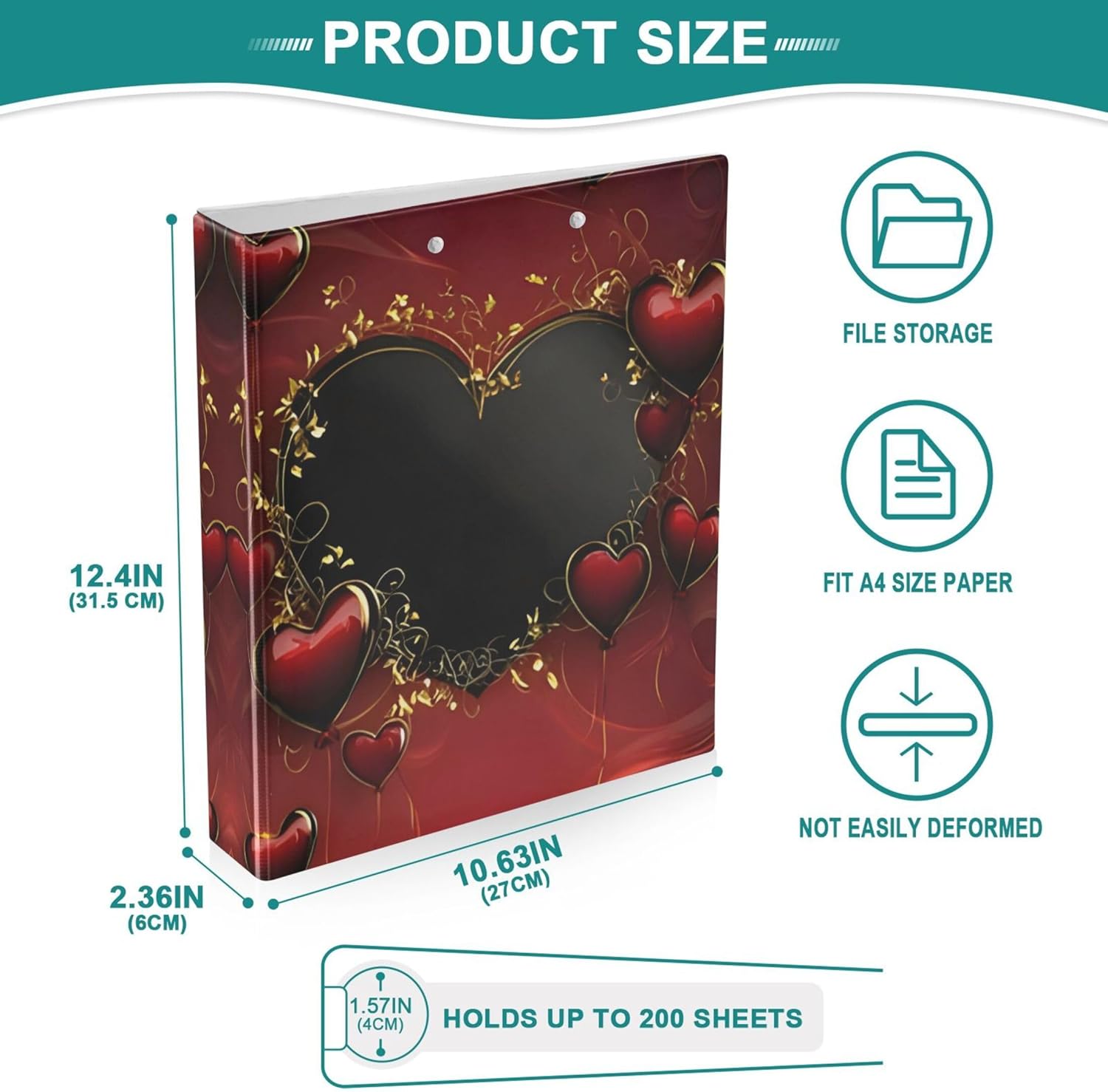 Valentine's Day Heart 3 Ring Binders, 1.5” Round Ring Binders with Clipboard - Letter Size, 3 Interior PVC Clear Pockets & Anti-Slip Clip for Office School Supplies, 2PCS