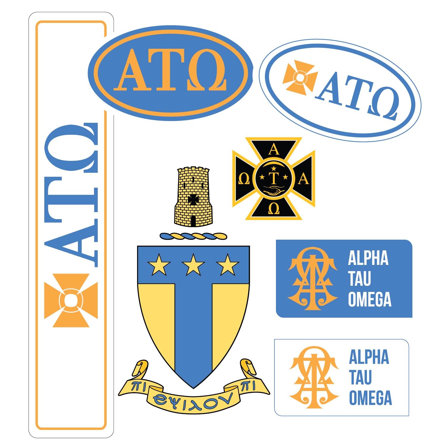 Hojas de calcomanías Alpha Tau Omega en vinilo resistente de fácil remoción