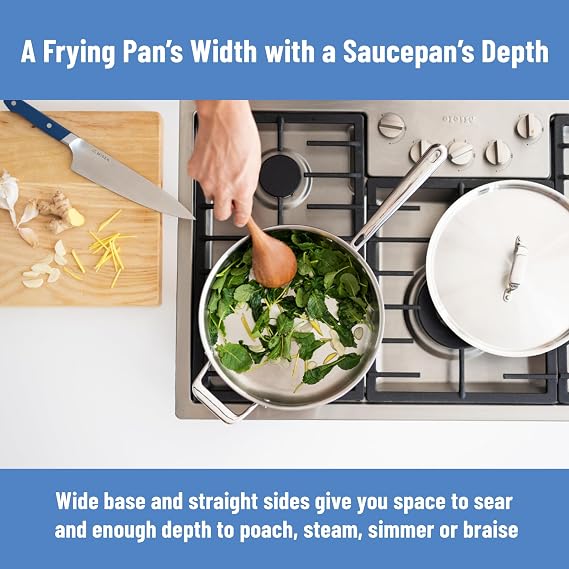 Misen 5-Ply Stainless Steel Saute Pan with Lid - Versatile, Durable, Dishwasher and Oven Safe - Even Heating, Ergonoic Stay-Cool Handle - For Searing, Braising, and More - 3 QT