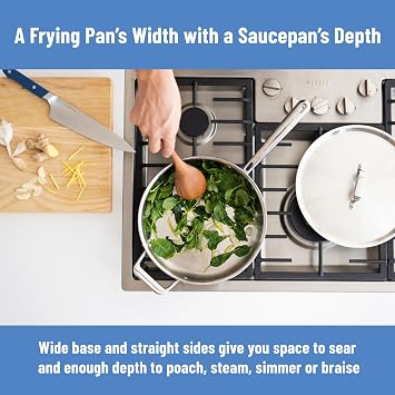 Misen 5-Ply Stainless Steel Saute Pan with Lid - Versatile, Durable, Dishwasher and Oven Safe - Even Heating, Ergonoic Stay-Cool Handle - For Searing, Braising, and More - 3 QT