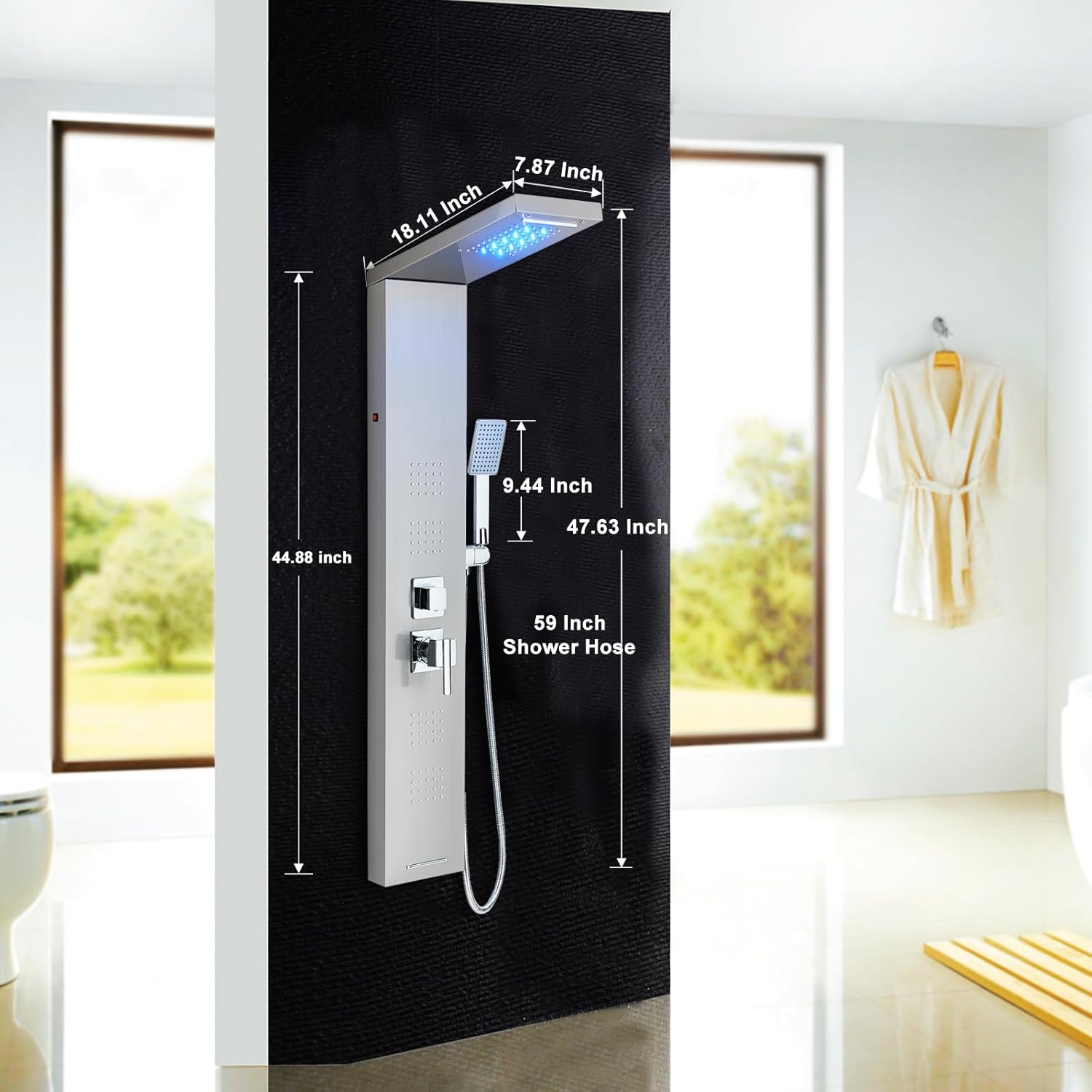 Contemporary Shower Panel Wall Mounted Shower Tower with LED Shower Head Large Body Jets Stainless Steel Shower Panel Tower System, Brushed
