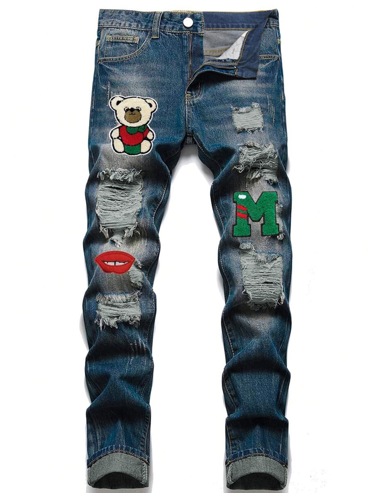 GAGELE Pantalones de mezclilla ajustados para niño, rasgados, desgastados, elásticos, ajustados