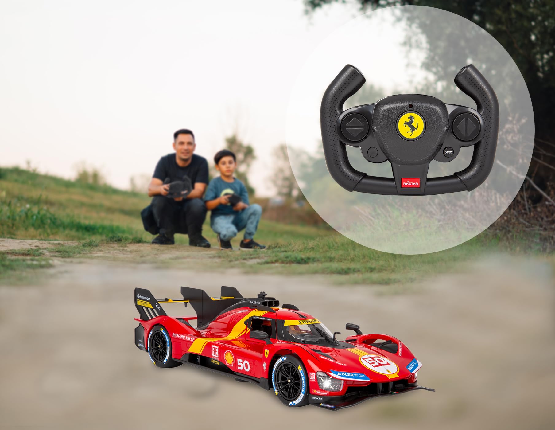 JAMARA Ferrari 499P 1:14 Czerwone Drzwi ręczne 2,4 GHz - Oficjalna licencja - Szczegółowe wnętrze - Farba wierna oryginałowi - Przezroczysta szyba przednia - Światło LED - Samochód RC