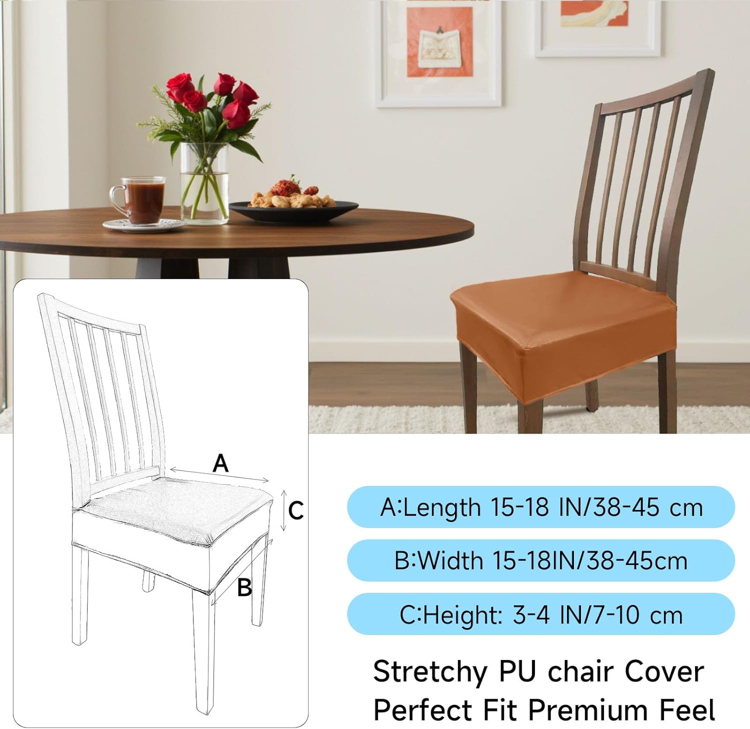 Soft Leather Chair Seat Covers Dining Chairs Set of 4, Waterproof Seat Covers for Kitchen High Stretch & Well-Fitted Chair Covers Dining Chairs with Elastic Ties (Orange, Rear-Covered)