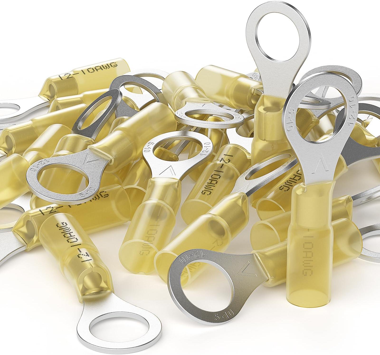 AIRIC 12-10 AWG - 3/8" Heat Shrink Ring Terminals, Copper Terminal Connector Ends, Battery Cable End Lugs, Yellow Insulated Electrical Crimp Wiring Connectors, Wire Lug for 12, 10 Gauge Wires, 50 PCS