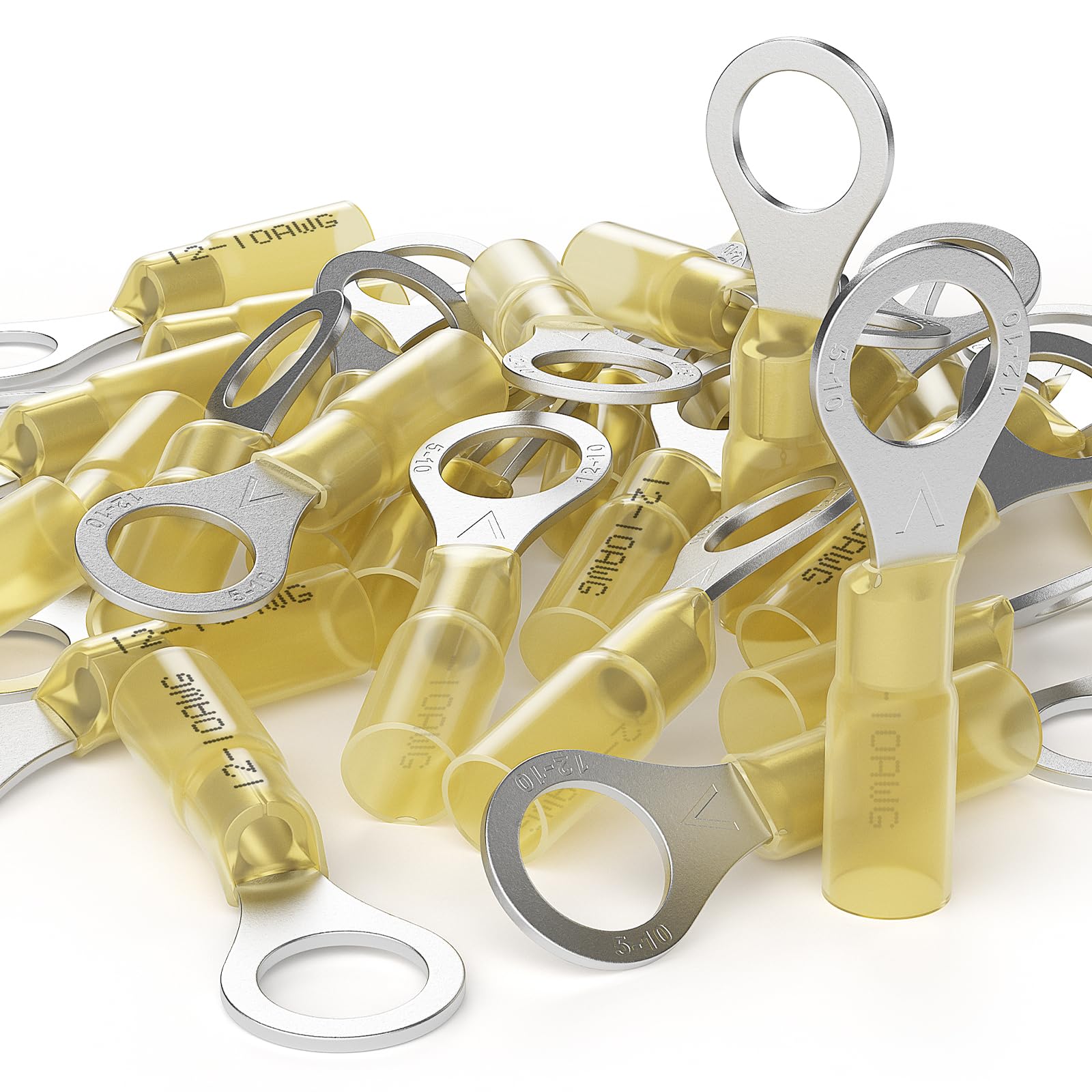 AIRIC 12-10 AWG - 3/8" Heat Shrink Ring Terminals, Copper Terminal Connector Ends, Battery Cable End Lugs, Yellow Insulated Electrical Crimp Wiring Connectors, Wire Lug for 12, 10 Gauge Wires, 50 PCS