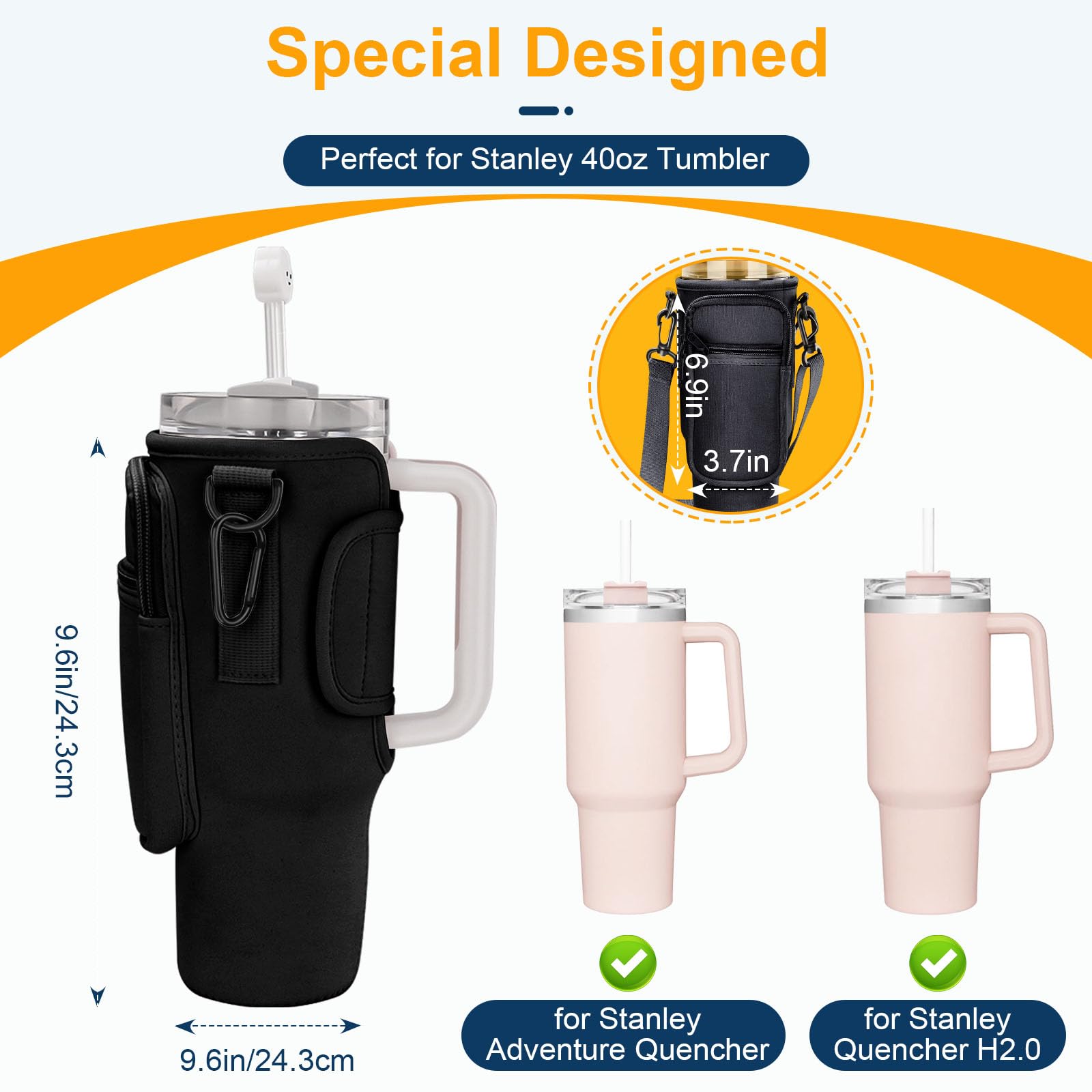 Wasserflaschen-Tasche mit Handyfach für Stanley 1,134 g Trinkbecher, Wasserflaschenhalter mit verstellbarem Riemenbollus mit Strohhalmabdeckung & Karabiner für Stanley Cup Zubehör