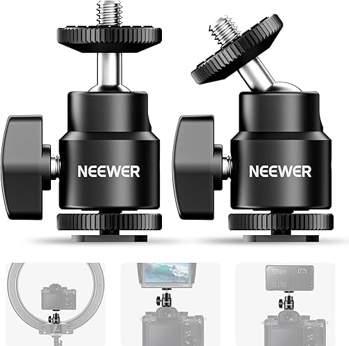 Miniatura 1 de NEEWER Mini cabezal de bola con zapata fría y tornillo de 1/4 de pulgada, paquete de 2, 360° giratorio de 90° con inclinación de 90°, adaptador de
