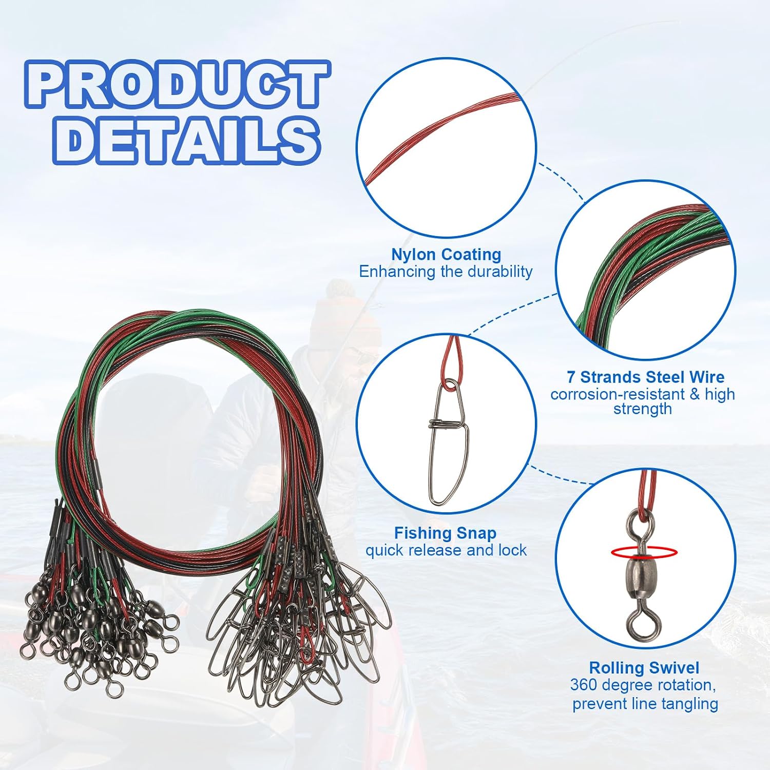 PATIKIL Fishing Wire Leader Line Steel Heavy Saltwater Fishing Leader Line High Strength with Rolling Swivel and Snap