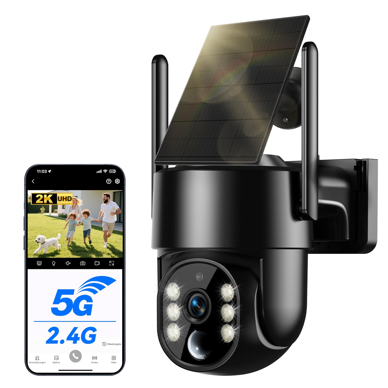 Cámara Vigilancia WiFi Exterior Solar 2K 4MP, Inalámbrica 2.4G y 5G WiFi, IP66, PTZ 360°, Visión Nocturna de Color, Detección de Movimiento PIR, Audio Bidireccional